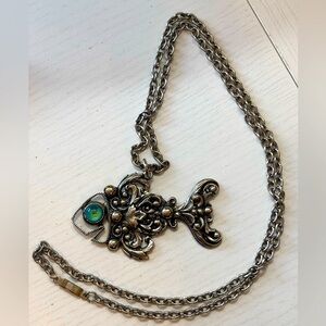 Vintage Silver Fish Pendant Necklace with Green Eyes 14”